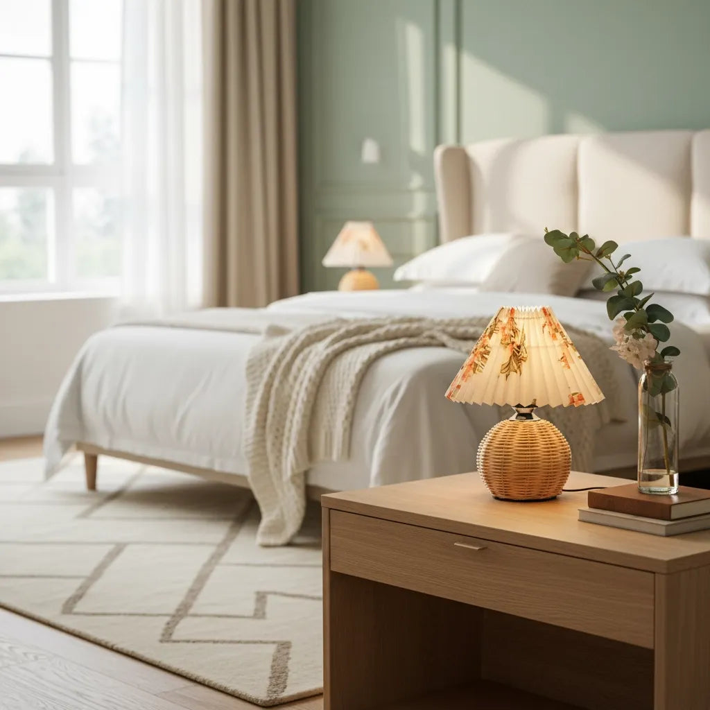 Lampe de Chevet Fleurie en Rotin